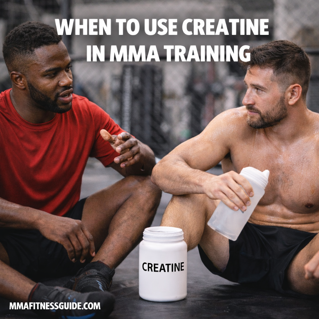 MMA athletes discussing supplementation during training with a clearly labeled creatine container in a gym setting.