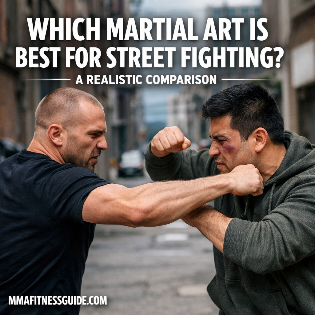 Two men demonstrating realistic street fighting techniques representing different martial arts in an urban setting.