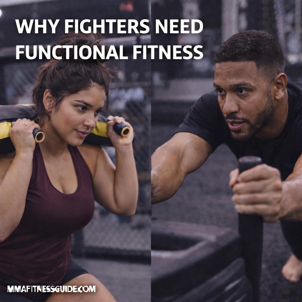 MMA fighters performing functional fitness exercises in a gym, showing sandbag training and sled pushes to build real-world strength and conditioning.