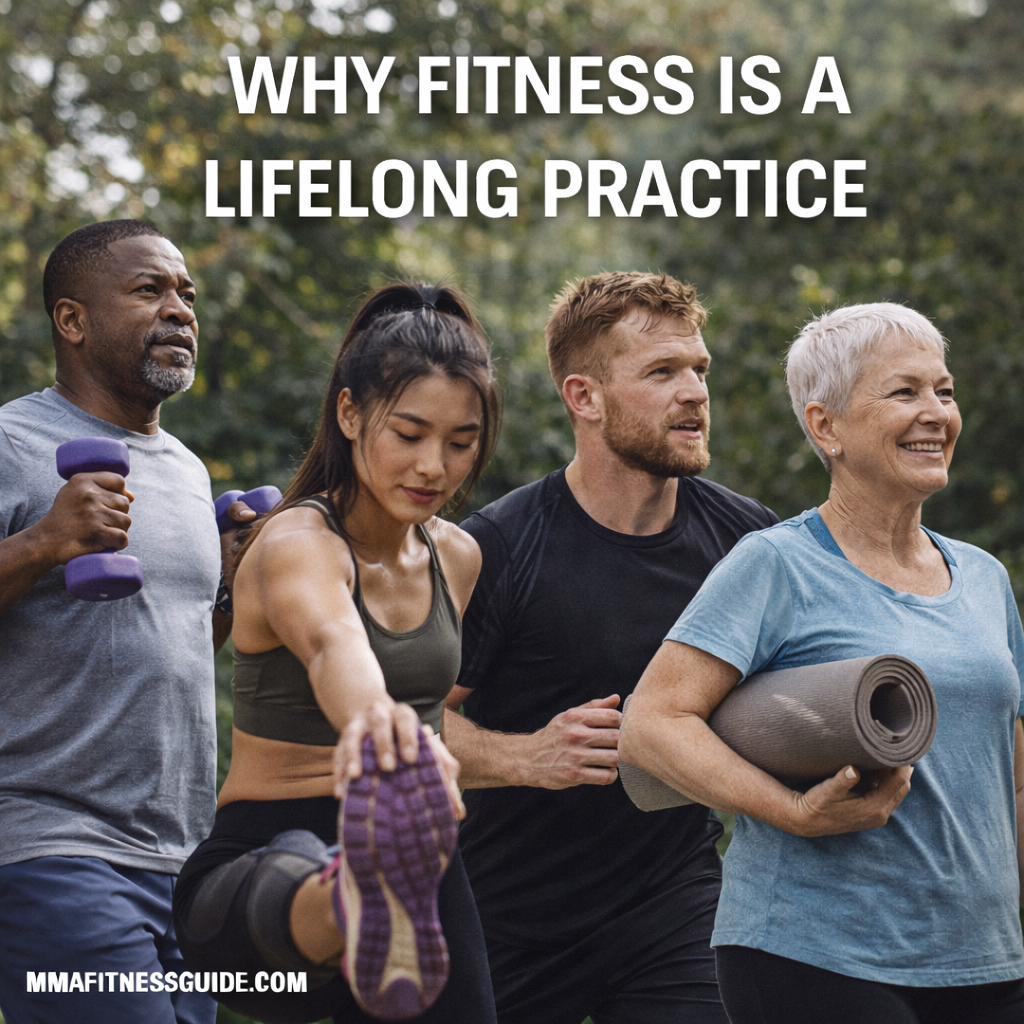 People of different ages exercising together outdoors, representing fitness as a lifelong practice that supports health, strength, and well-being over time.