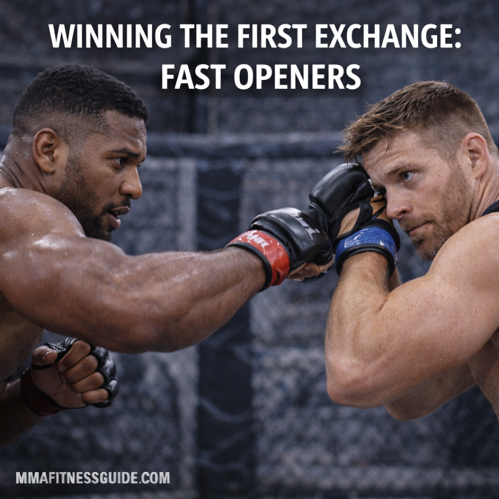 Two MMA fighters engaging in the opening exchange of a bout, demonstrating fast openers and early fight tactics inside a cage.