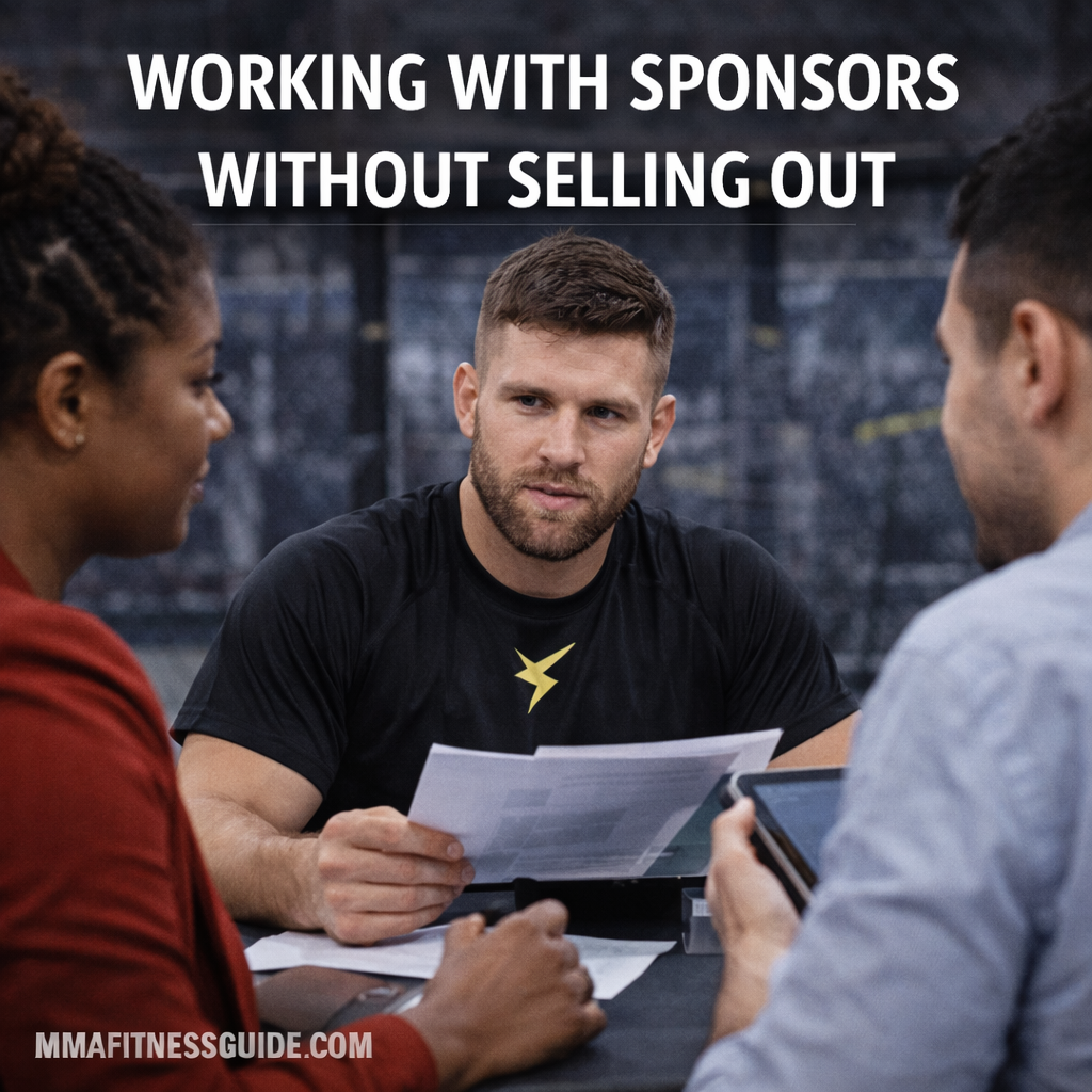 MMA fighter discussing sponsorship opportunities with a diverse group in a gym setting, representing authentic brand partnerships in MMA.