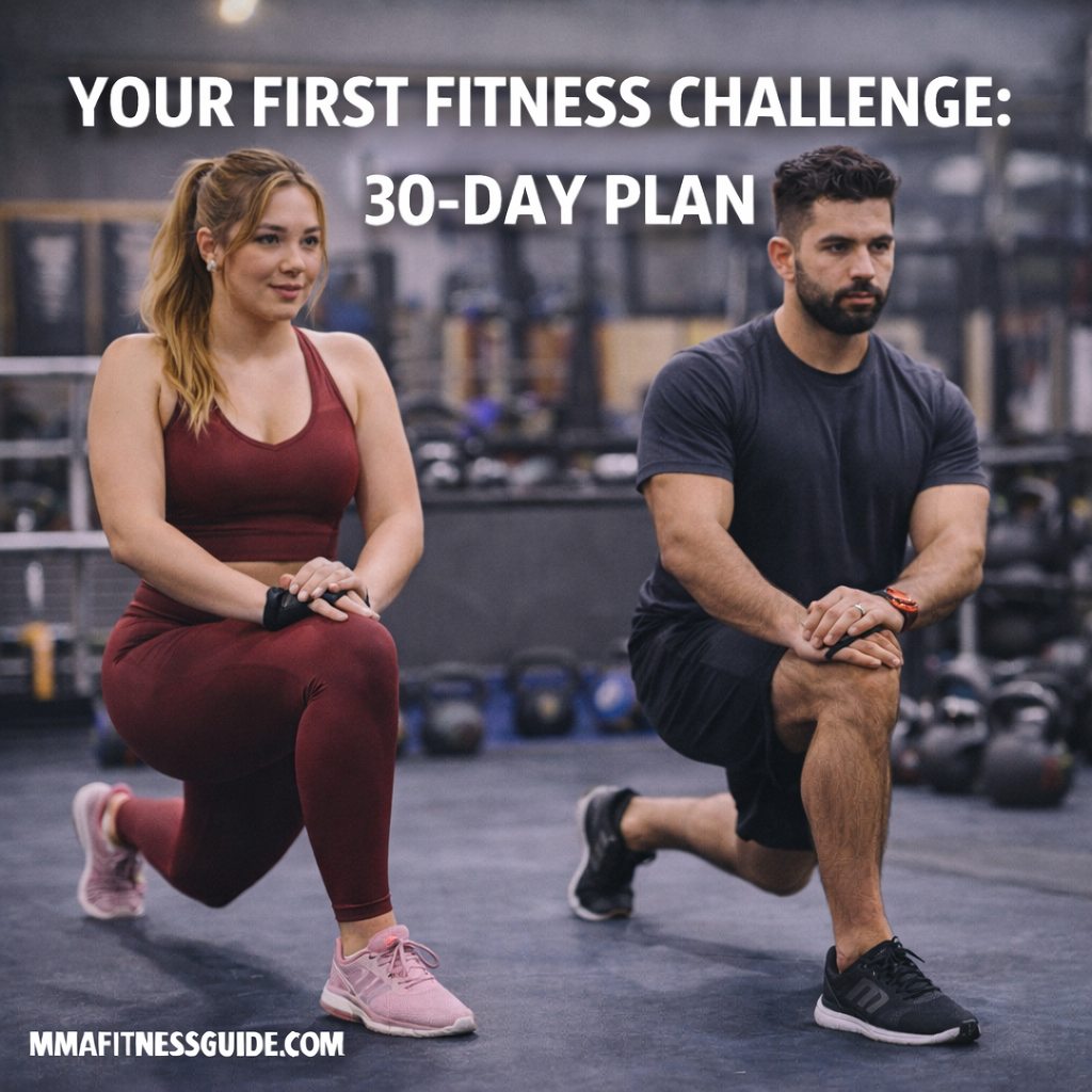 Beginner athletes performing forward lunges in a gym as part of a 30-day fitness challenge program.